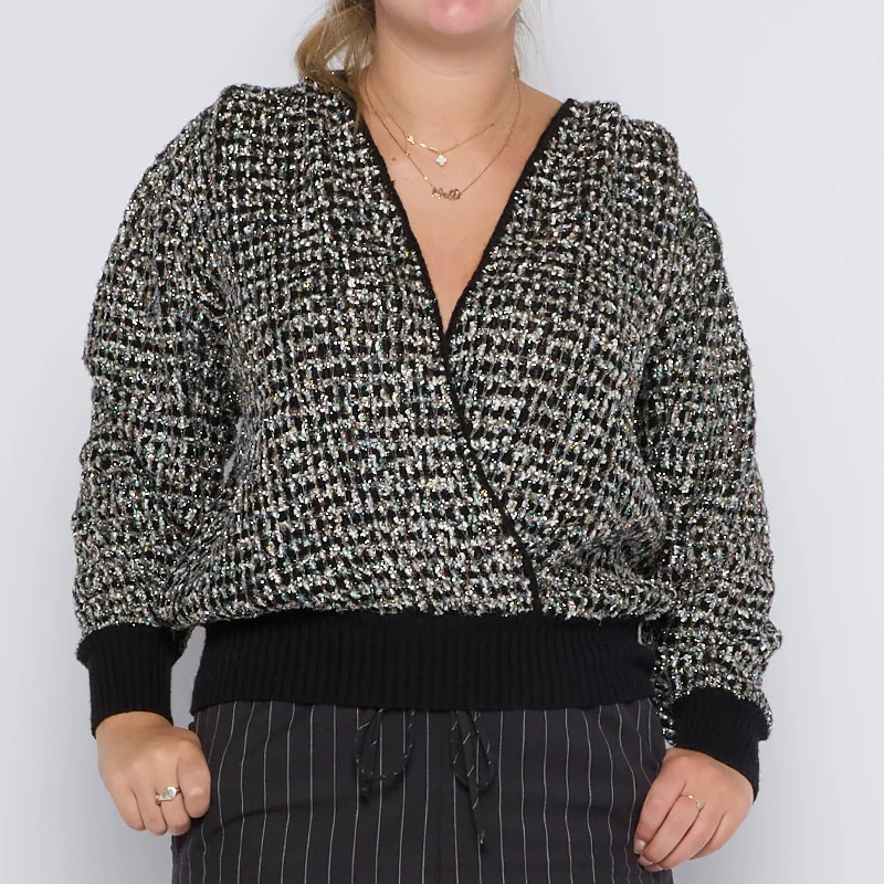 Lurex Mock Wrap Cardigan - UK 10 Ribbed Striped Patterned