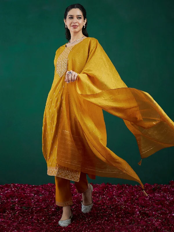 Women Mustard Embroidered Straight Kurta Trousers With Dupatta Set - Taantav Trousers Fall Fleece Women Mustard Embroidered Straight Kurta Trousers With Dupatta Set - Taantav Trousers Fall Fleece