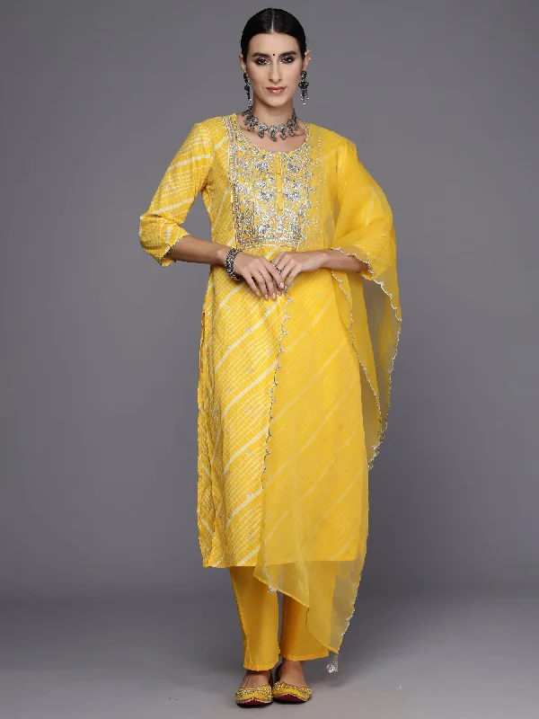 Women Yellow Embroidered Straight Kurta Trousers With Dupatta Set - Taantav Trousers Occasion Special Women Yellow Embroidered Straight Kurta Trousers With Dupatta Set - Taantav Trousers Occasion Special