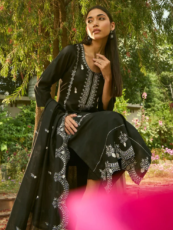 Women Black Embroidered Straight Kurta Trousers With Dupatta Set - Taantav Trousers cozy comfortable Women Black Embroidered Straight Kurta Trousers With Dupatta Set - Taantav Trousers cozy comfortable