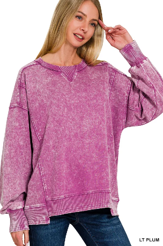 Plum Acid Washed French Terry Pullover Ruffled Neck Pullover
