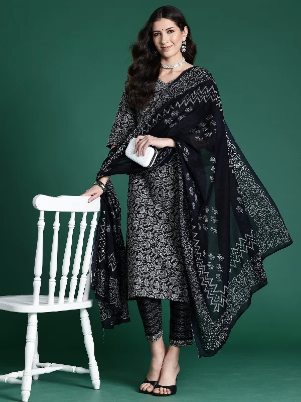 Women Black Printed Straight Kurta Trousers With Dupatta Set - Taantav Trousers versatile all-occasion Women Black Printed Straight Kurta Trousers With Dupatta Set - Taantav Trousers versatile all-occasion