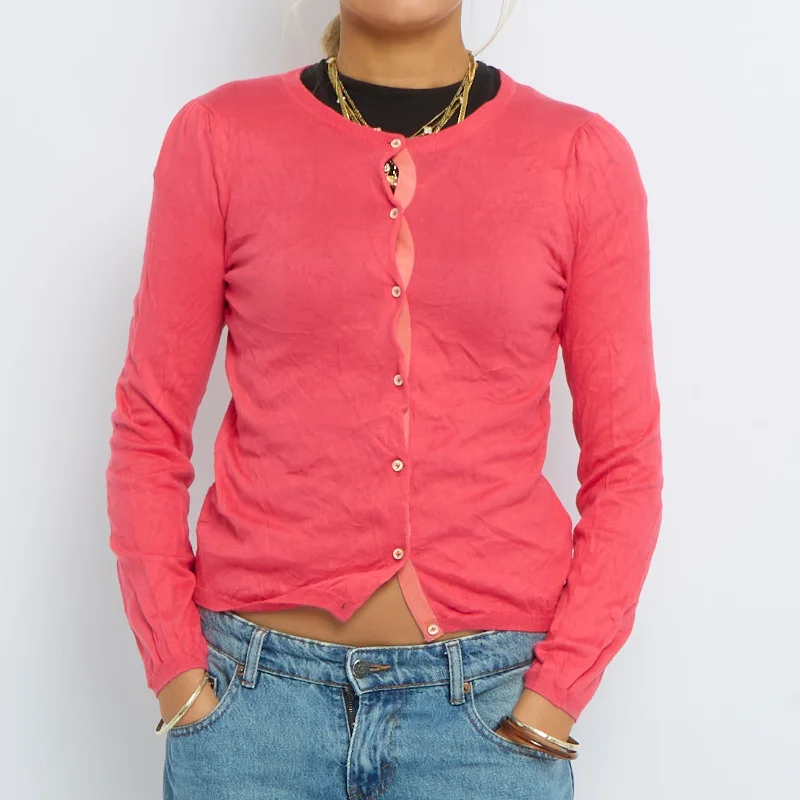 Buttoned Fine Knit Cardigan - UK 8 Herringbone Houndstooth Plaid