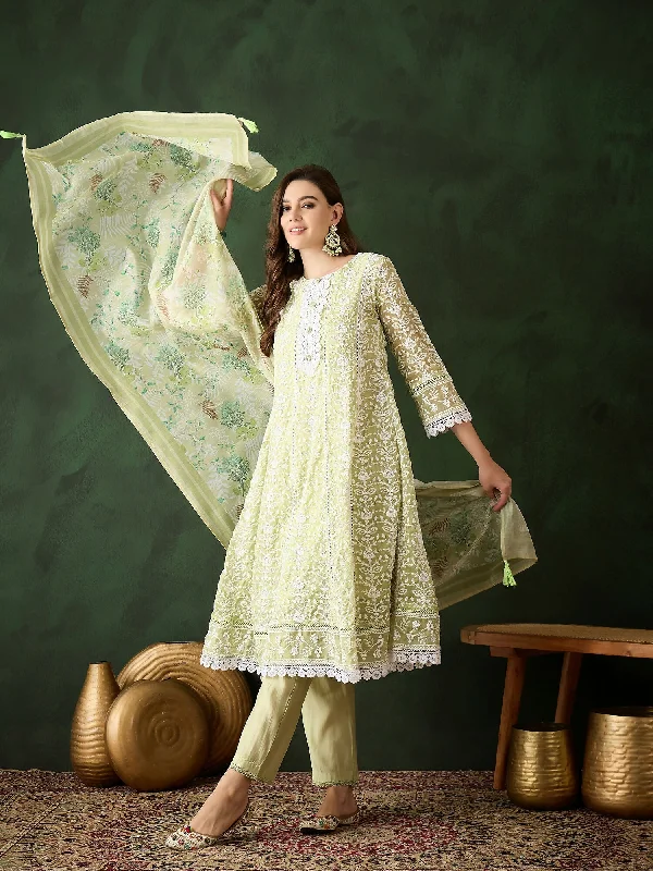 Green Crystal Organza schiffli embroidery Kurta With Trouser & Dupatta - Bhumi Trousers Wedding White Green Crystal Organza schiffli embroidery Kurta With Trouser & Dupatta - Bhumi Trousers Wedding White