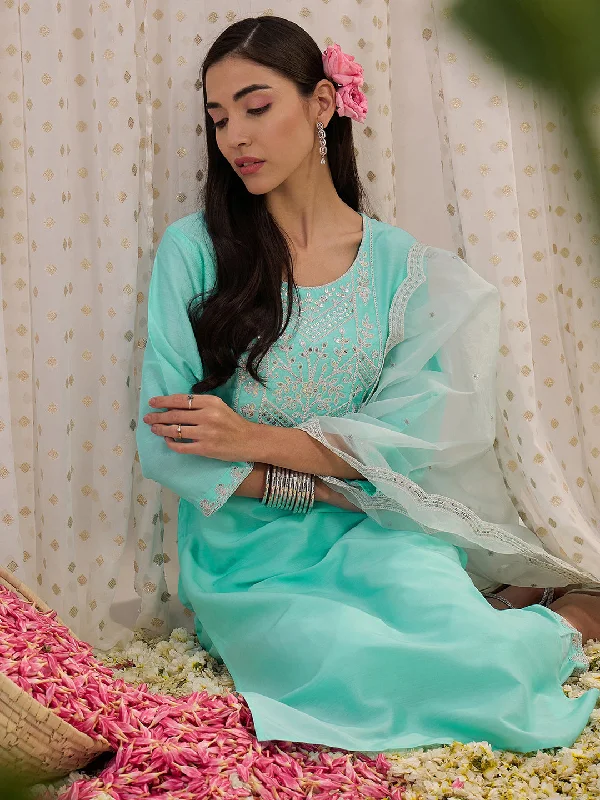 Women Blue Embroidered Straight Kurta Trousers With Dupatta Set - Taantav Trousers Recommended Stylist Women Blue Embroidered Straight Kurta Trousers With Dupatta Set - Taantav Trousers Recommended Stylist