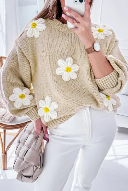 Blue Zone Planet | Parchment Floral Crochet Chunky Knit Sweater Toggled Drawstring Belted Blue Zone Planet | Parchment Floral Crochet Chunky Knit Sweater Toggled Drawstring Belted