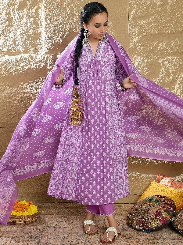 Women Lavender Printed A-Line Kurta Trousers With Dupatta Set - Taantav Trousers Business Professional Women Lavender Printed A-Line Kurta Trousers With Dupatta Set - Taantav Trousers Business Professional