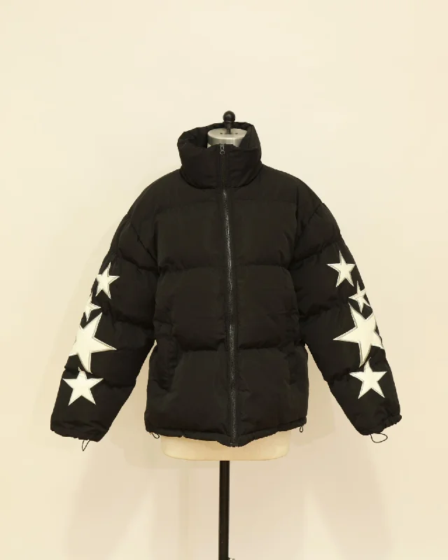 Star Detail Puffer Jacket - Black Herringbone Jacket Checkered Jacket Solid Jacket