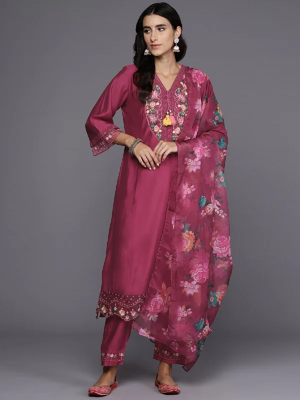Women Pink Embroidered A-Line Kurta Trousers With Dupatta Set - Taantav Trousers practical easy-care Women Pink Embroidered A-Line Kurta Trousers With Dupatta Set - Taantav Trousers practical easy-care