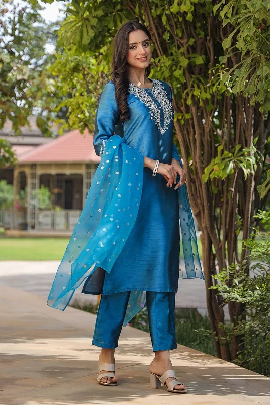 Ahika Blue Poly Silk Solid Yoke Design Kurta Trousers With Dupatta Trousers Velvet Soft Ahika Blue Poly Silk Solid Yoke Design Kurta Trousers With Dupatta Trousers Velvet Soft