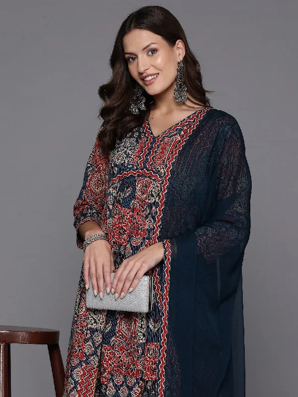 Women Blue Embroidered A-Line Kurta Trousers With Dupatta Set - Taantav Trousers fashionable trendy Women Blue Embroidered A-Line Kurta Trousers With Dupatta Set - Taantav Trousers fashionable trendy