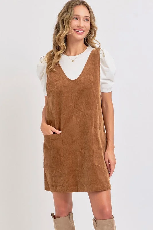 Darla Cordoroy Jumper in Camel Solid Print Embellished