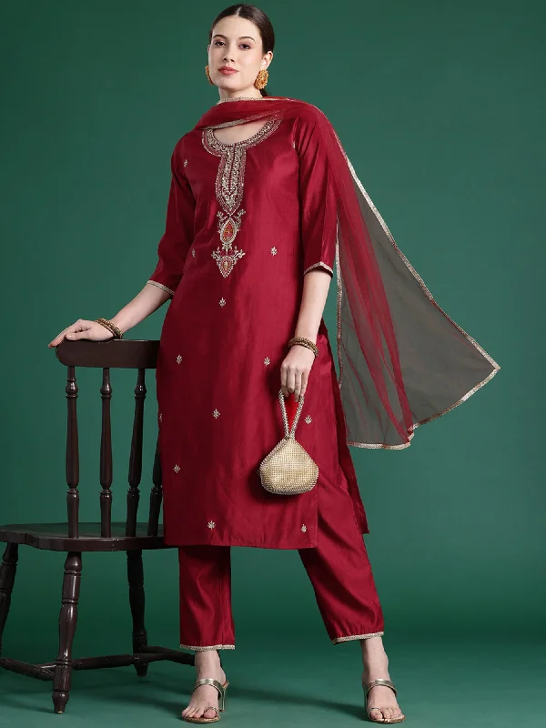 Women Red Embroidered Straight Kurta Trousers With Dupatta Set - Taantav Trousers Party Sparkling Women Red Embroidered Straight Kurta Trousers With Dupatta Set - Taantav Trousers Party Sparkling