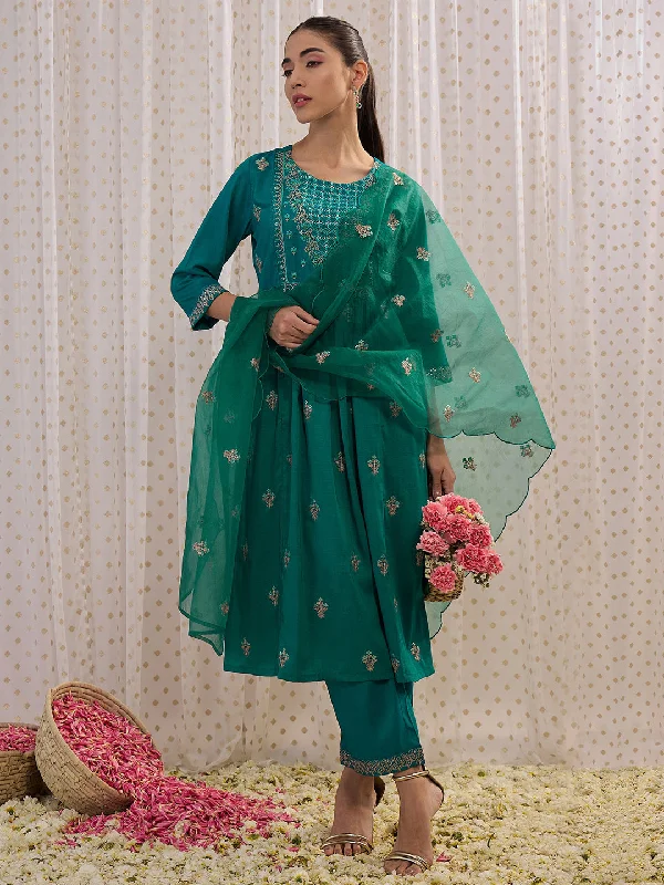 Women Teal Embroidered A-Line Kurta Trousers With Dupatta Set - Taantav Trousers Designer Luxury Women Teal Embroidered A-Line Kurta Trousers With Dupatta Set - Taantav Trousers Designer Luxury