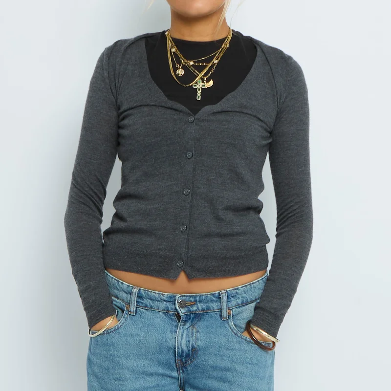 V-Neck Fine Knit Buttoned Cardigan - UK 8 Rayon Fabric Velvet Fabric Corduroy Fabric