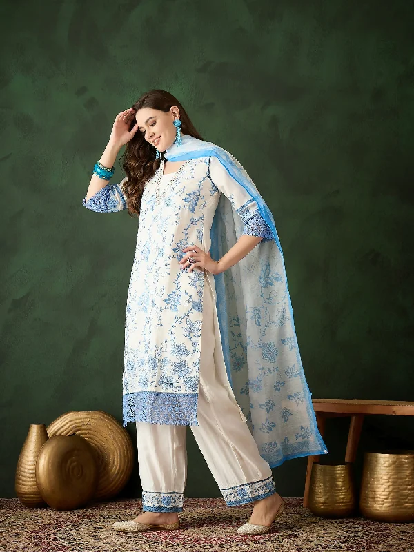 Blue & White Roman Silk Embroidered Kurta With Trouser & Dupatta - Bhumi Trousers Office Stylish Blue & White Roman Silk Embroidered Kurta With Trouser & Dupatta - Bhumi Trousers Office Stylish