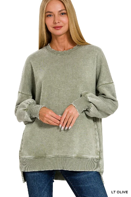 Olive Acid Wash Hi-Low Fleece Pullover One Shoulder Top