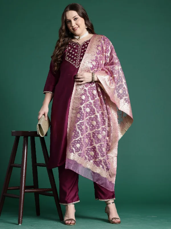 Women Purple Embroidered Straight Kurta Trousers With Dupatta Set - Taantav Trousers Formal Black Women Purple Embroidered Straight Kurta Trousers With Dupatta Set - Taantav Trousers Formal Black