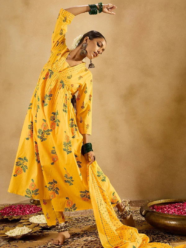Women Yellow Printed A-Line Kurta Trousers With Dupatta Set - Taantav Trousers Striped Patterned Women Yellow Printed A-Line Kurta Trousers With Dupatta Set - Taantav Trousers Striped Patterned