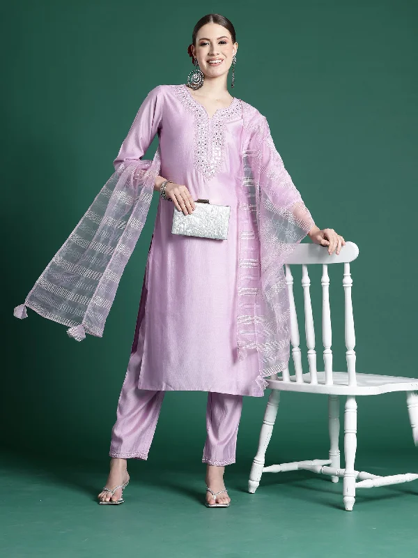 Women Lavender Embroidered Straight Kurta Trousers Set - Taantav Trousers New Arrival Women Lavender Embroidered Straight Kurta Trousers Set - Taantav Trousers New Arrival