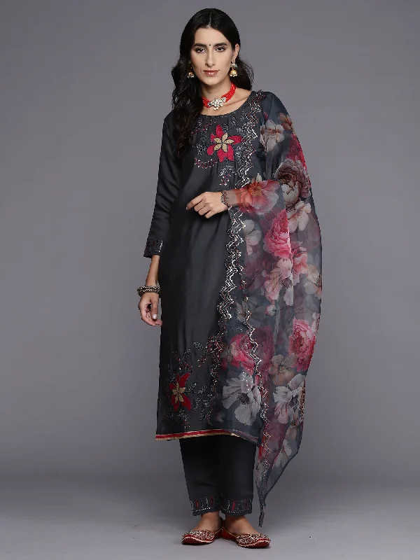 Women Grey Embroidered Straight Kurta Trousers With Dupatta Set - Taantav Trousers Custom Made Women Grey Embroidered Straight Kurta Trousers With Dupatta Set - Taantav Trousers Custom Made