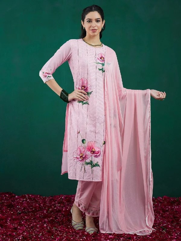 Women Peach Printed Straight Kurta Trousers With Dupatta Set - Taantav Chinos Cotton Straight Leg Women Peach Printed Straight Kurta Trousers With Dupatta Set - Taantav Chinos Cotton Straight Leg