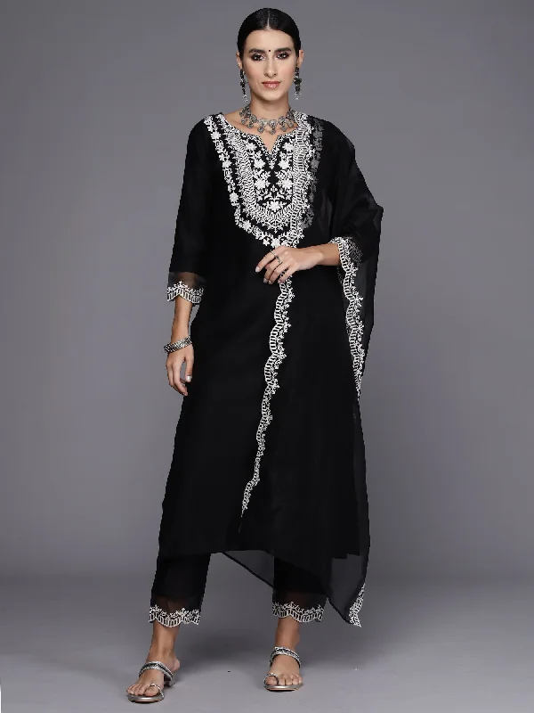 Women Black Embroidered Straight Kurta Trousers With Dupatta Set - Taantav Trousers Leather Faux Women Black Embroidered Straight Kurta Trousers With Dupatta Set - Taantav Trousers Leather Faux