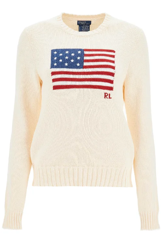 "cotton Pullover With Flag Design  - White Chunky Knit Pullover