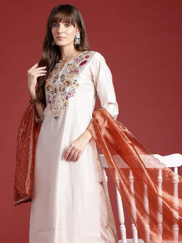 Women Off White Embroidered Straight Kurta Trousers With Dupatta Set - Taantav Trousers Prom Sequined Women Off White Embroidered Straight Kurta Trousers With Dupatta Set - Taantav Trousers Prom Sequined