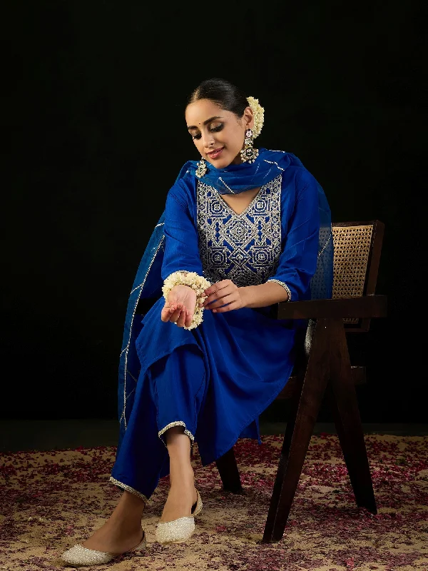 Women Blue Embroidered Straight Kurta Trousers With Dupatta Set - Taantav Trousers luxurious premium Women Blue Embroidered Straight Kurta Trousers With Dupatta Set - Taantav Trousers luxurious premium