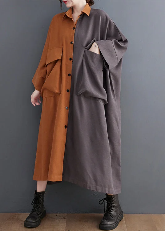 Bohemian Colorblock Oversized Patchwork Pockets Cotton Long Dress Batwing Sleeve