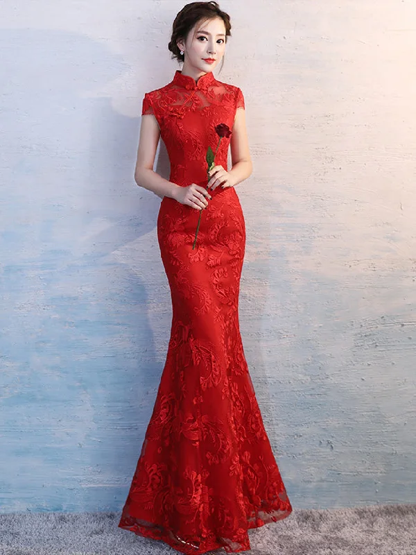 Red Lace Fishtail Wedding Bride Qipao Cheongsam Dress