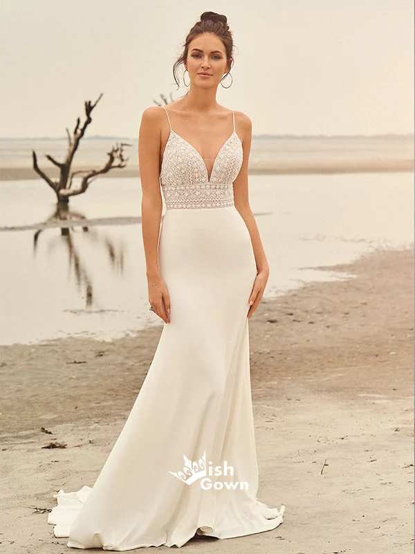 Ivory Lace Top Spaghetti Strap Sweetheart Mermaid Soft Satin Wedding Guset Long Prom Dress, WGP105 Ivory Lace Top Spaghetti Strap Sweetheart Mermaid Soft Satin Wedding Guset Long Prom Dress, WGP105