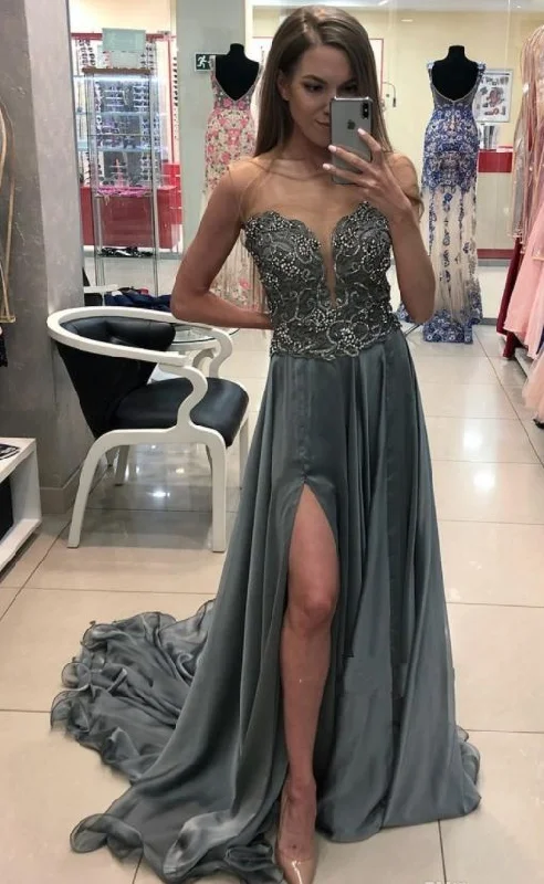 Chic Sheer Neck Gray Prom Dresses Sleeveless Beaded Chiffon Sweep Train Split Evening Dress cg16869 Chic Sheer Neck Gray Prom Dresses Sleeveless Beaded Chiffon Sweep Train Split Evening Dress cg16869