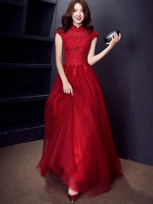 Wine Red Floor-Length Tulle Qipao / Cheongsam Evening Dress