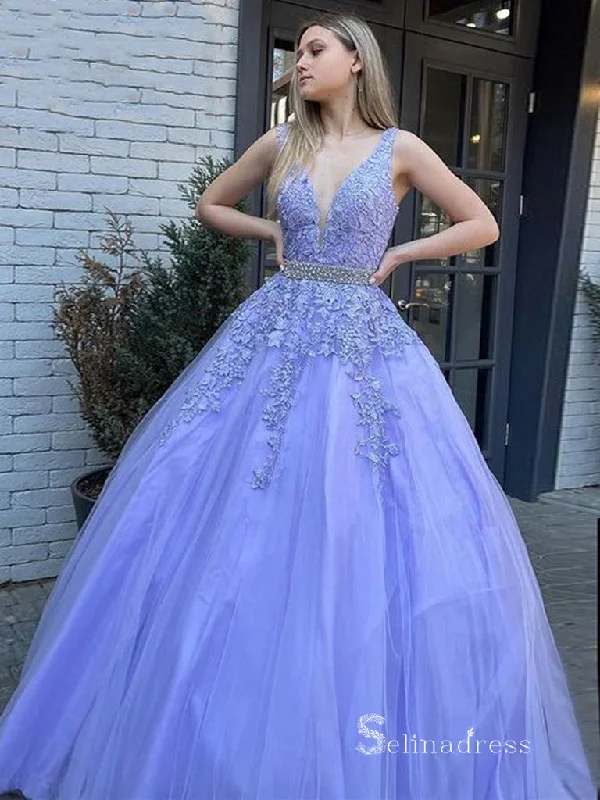 Chic A-line V neck Lavender Long Prom Dresses Applique Lace Evening Gowns CBD560