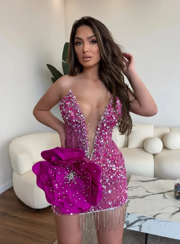 Luxury Shiny Lace Asymmetrical Women Mini Dresses To New Yeal Birthday Party 3D Flower Beaded Short Cocktail Dress Luxury Shiny Lace Asymmetrical Women Mini Dresses To New Yeal Birthday Party 3D Flower Beaded Short Cocktail Dress