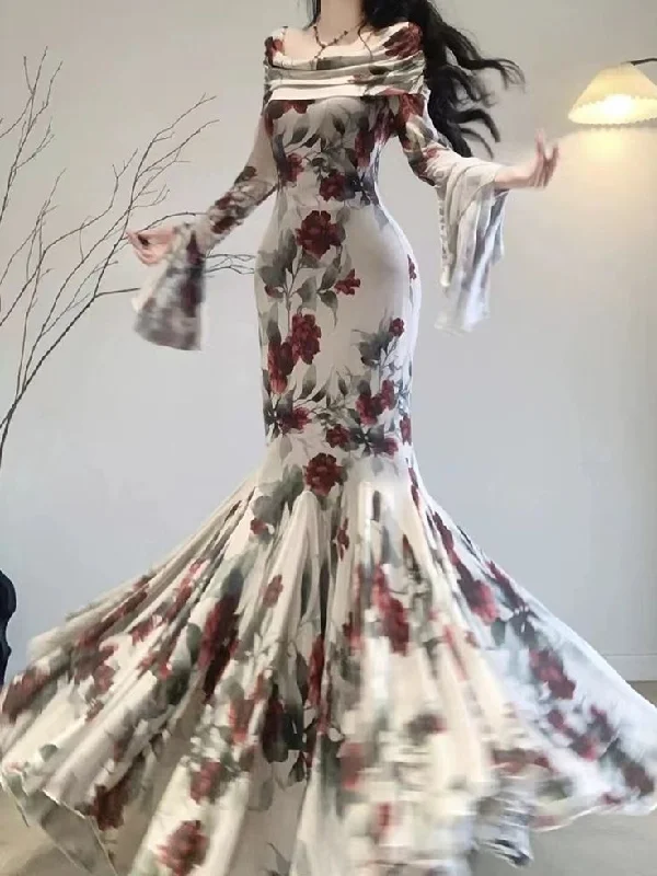 Vintage Mermaid Print Floarl Evening Dress Formal Prom Dress cc2009