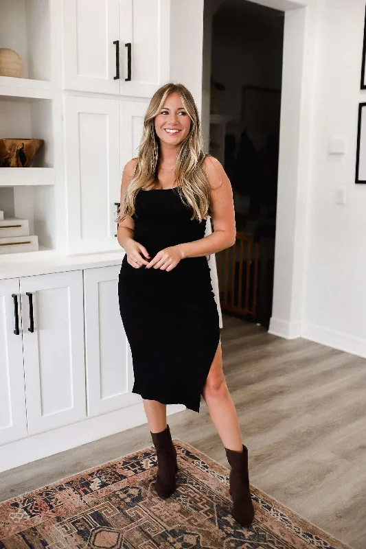 Keep It Simple Square Neck Bodycon Midi Dress - Black