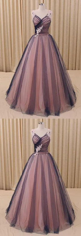 Charming A-Line V-Neck Navy Blue Princess Tulle Ball Gown Formal Evening prom Dress   cg16828