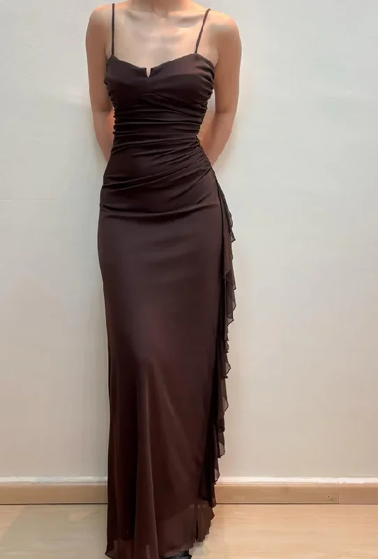 Simple Brown Chiffon Long Prom Dress Vintage Ruffle Party Evening Dress cc2041