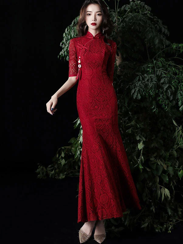 Burgundy Lace Fishtail Qipao / Wedding Cheongsam Dress