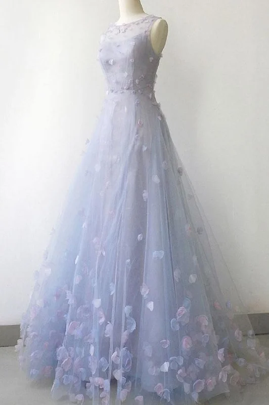 Simple Blue Gray Tulle 3D Lace Applique Long A Line Prom Dress, Halter Evening Dress cg16765 Simple Blue Gray Tulle 3D Lace Applique Long A Line Prom Dress, Halter Evening Dress cg16765
