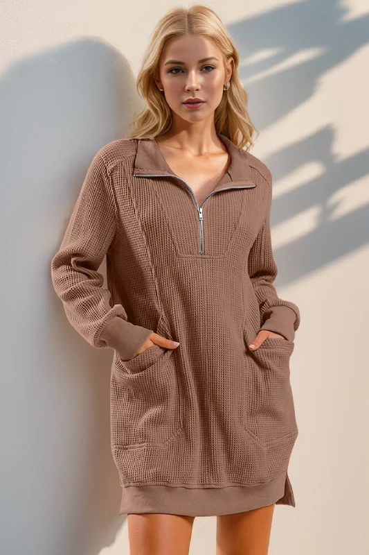 Double Take Waffle Long Sleeve Mini Dress with Pockets WH