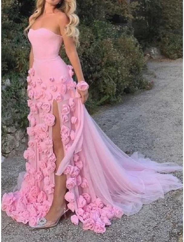 Beautiful Pink Strapless Tulle Rose Flowers Prom Dress Mermaid Slit Evening Dress Wedding Dress cc2084 Beautiful Pink Strapless Tulle Rose Flowers Prom Dress Mermaid Slit Evening Dress Wedding Dress cc2084