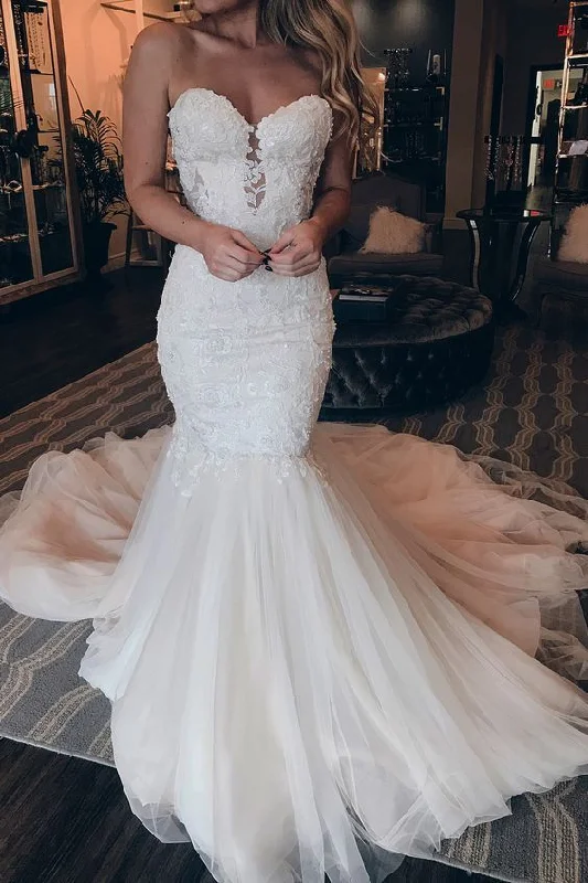 Elegant Evening prom Dresses Custom Made Sweetheart Neckline Tulle Mermaid Long Wedding Dress with Appliques cg16798 Elegant Evening prom Dresses Custom Made Sweetheart Neckline Tulle Mermaid Long Wedding Dress with Appliques cg16798