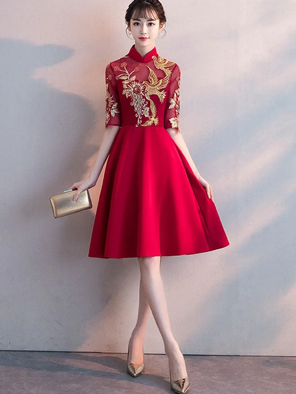 Red Fit and Flare Embroidered Qipao / Cheongsam Party Dress