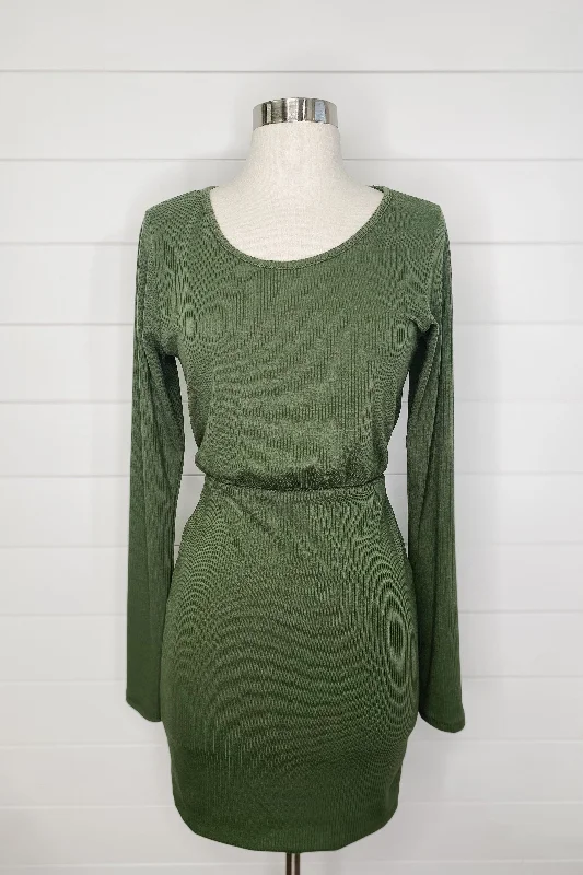 ASC Double Lined Long Sleeve Ribbed Mini Dress- Olive