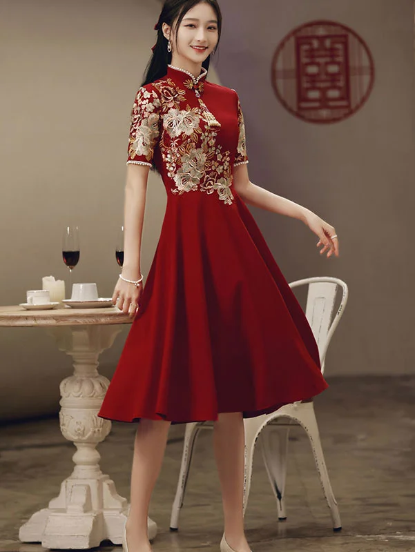 Red Appliques Mid A-Line Wedding Qipao Cheongsam Dress