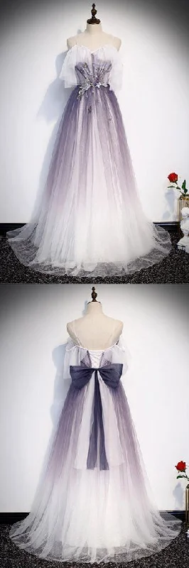 White Tulle Spaghetti Straps Long A Line Prom Dress, Formal Dress With Bowknot cg16701 White Tulle Spaghetti Straps Long A Line Prom Dress, Formal Dress With Bowknot cg16701